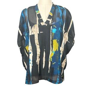 DKNY Abstract Print V-Neck Poncho Top Black Multi Color Womens Medium